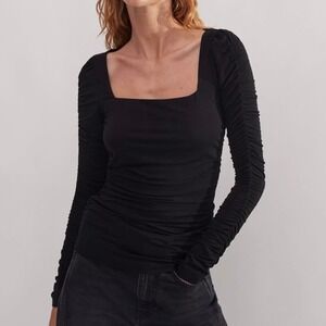 ME+EM Black Ruched Square Neck Long Sleeve Soft Stretch Jersey Top Size 12